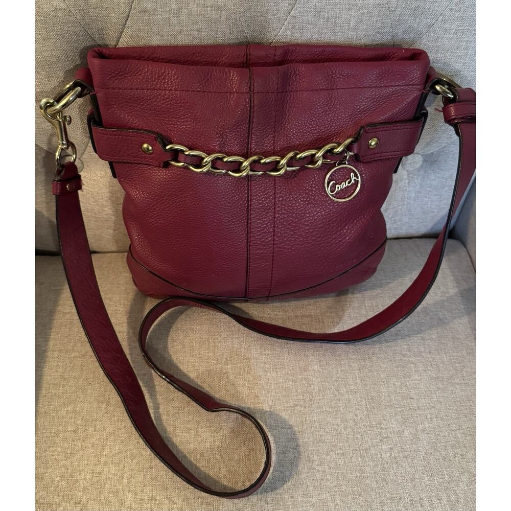 Coach Burgundy Pebbled Leather Chain Duffle Crossbody Shoulder Bag